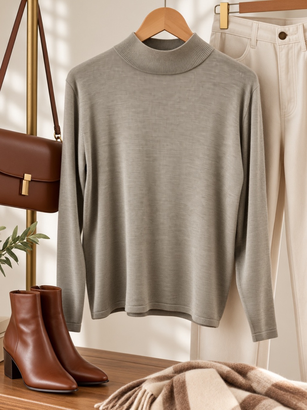 Valerie Stevens 100% Silk Mock Neck Sweater Women’s L Taupe Lightweight Rib